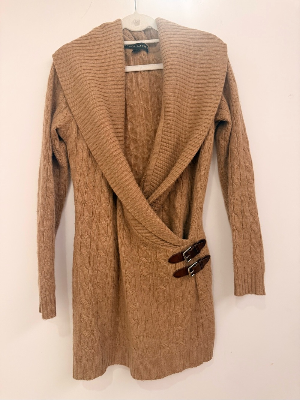 Ralph Lauren Tan Cashmere Cable-Knit Shawl Collar Cardigan with Buckle Tabs